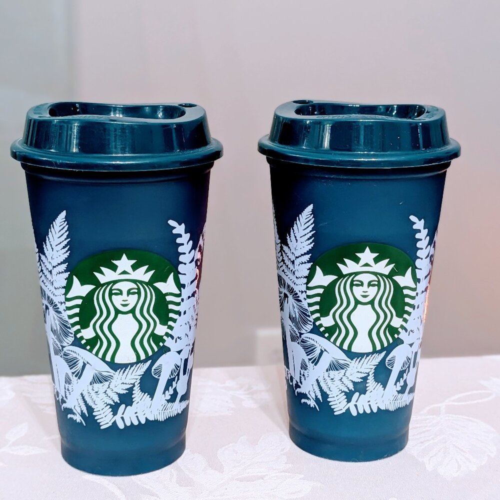 Set of 2 Starbucks Fall 2022 Color Changing Mushroom Hot Cups 16oz Blue & Purple